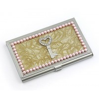 Business Card Holder - Enamel Accented w/ Pearl - Pink